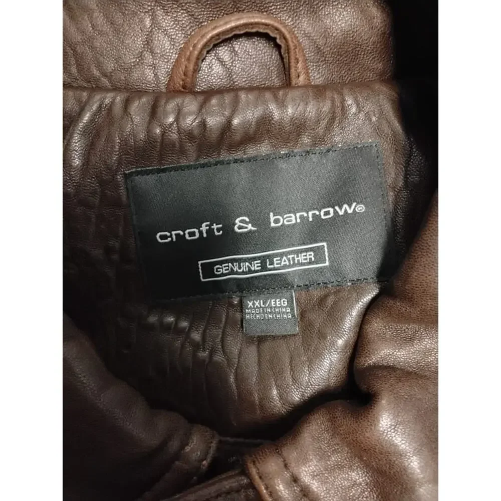Croft & Barrow Bomber Jacket brown Leather Collared Zip Pockets Quilt Lined XXL